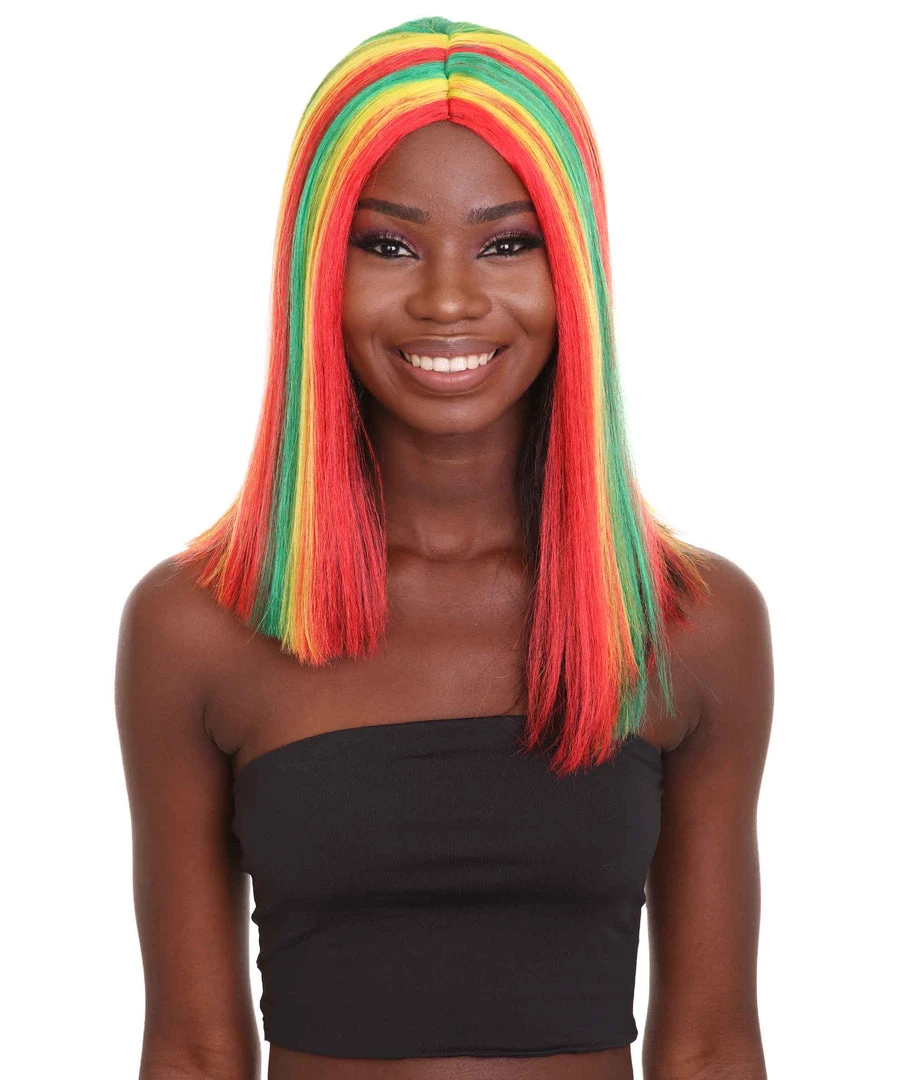 HPO Women's Shoulder Length Celebrity Ghana Pride Wig - Red Gold And Green Hair - Capless Cap Design 1 HPO Women's Shoulder Length Celebrity Ghana Pride Wig - Red Gold And Green Hair - Capless Cap Design