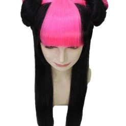 HPO Women's Pinned Up Double Bun China Doll Rapper Wig - Electric Pink And Black Hair - Capless Cap Design