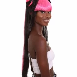 HPO Women's Pinned Up Double Bun China Doll Rapper Wig - Electric Pink And Black Hair - Capless Cap Design