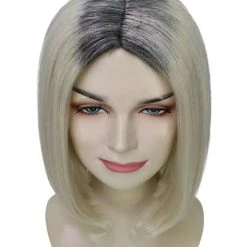 HPO Women's Shoulder Length Socialite Wig - Platinum White Hair With Dark Roots - Capless Cap Design