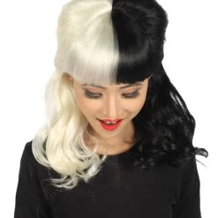 HPO Women's Shoulder Length Contrasting Two Tone Cruel And Evil Wig - Pure White And Jet Black Hair - Capless Cap Design