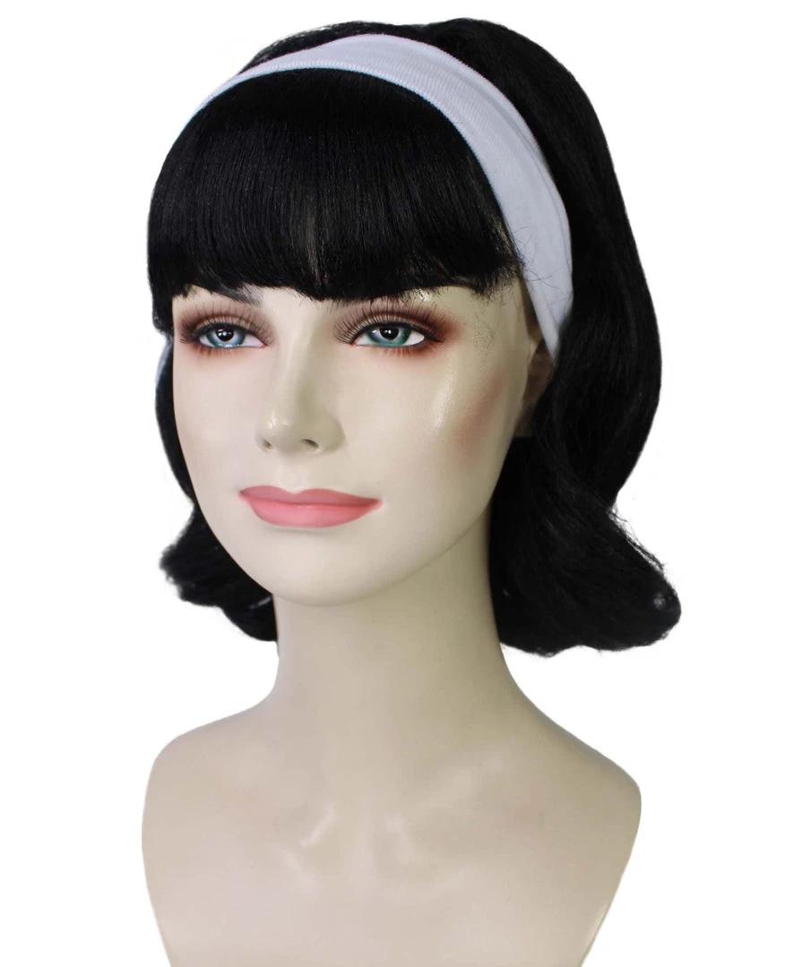 BC 50's Flip | Women's Black Color Straight Shoulder Length 50's Flip Wig With White Headband | 2 BC 50's Flip | Women's Black Color Straight Shoulder Length 50's Flip Wig With White Headband |