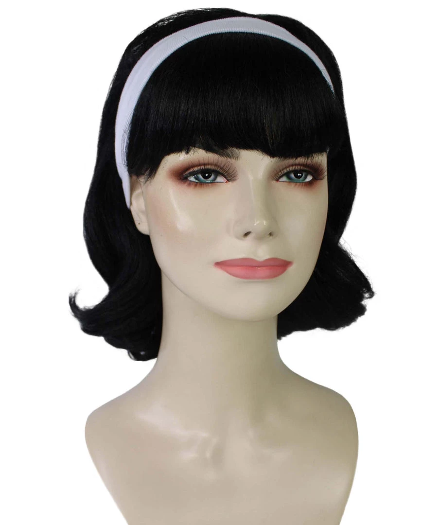 BC 50's Flip | Women's Black Color Straight Shoulder Length 50's Flip Wig With White Headband | 6 BC 50's Flip | Women's Black Color Straight Shoulder Length 50's Flip Wig With White Headband |