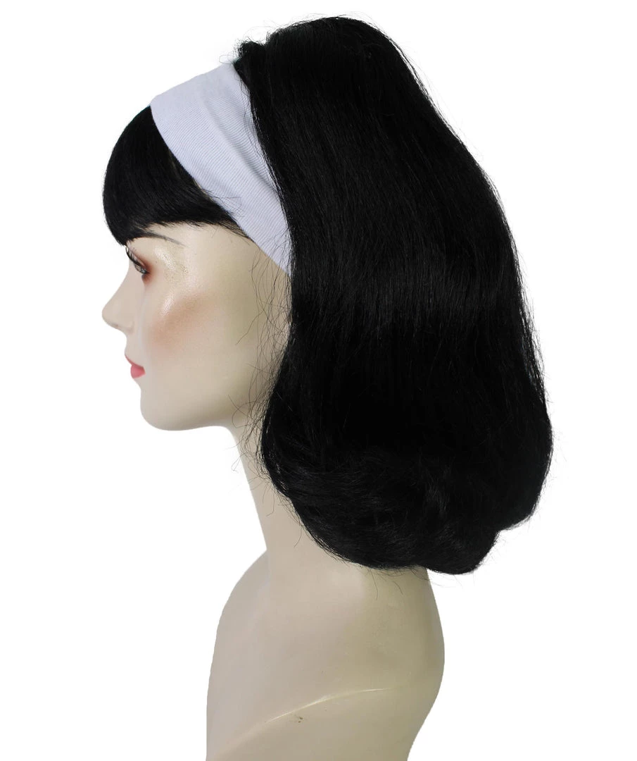 BC 50's Flip | Women's Black Color Straight Shoulder Length 50's Flip Wig With White Headband | 3 BC 50's Flip | Women's Black Color Straight Shoulder Length 50's Flip Wig With White Headband |