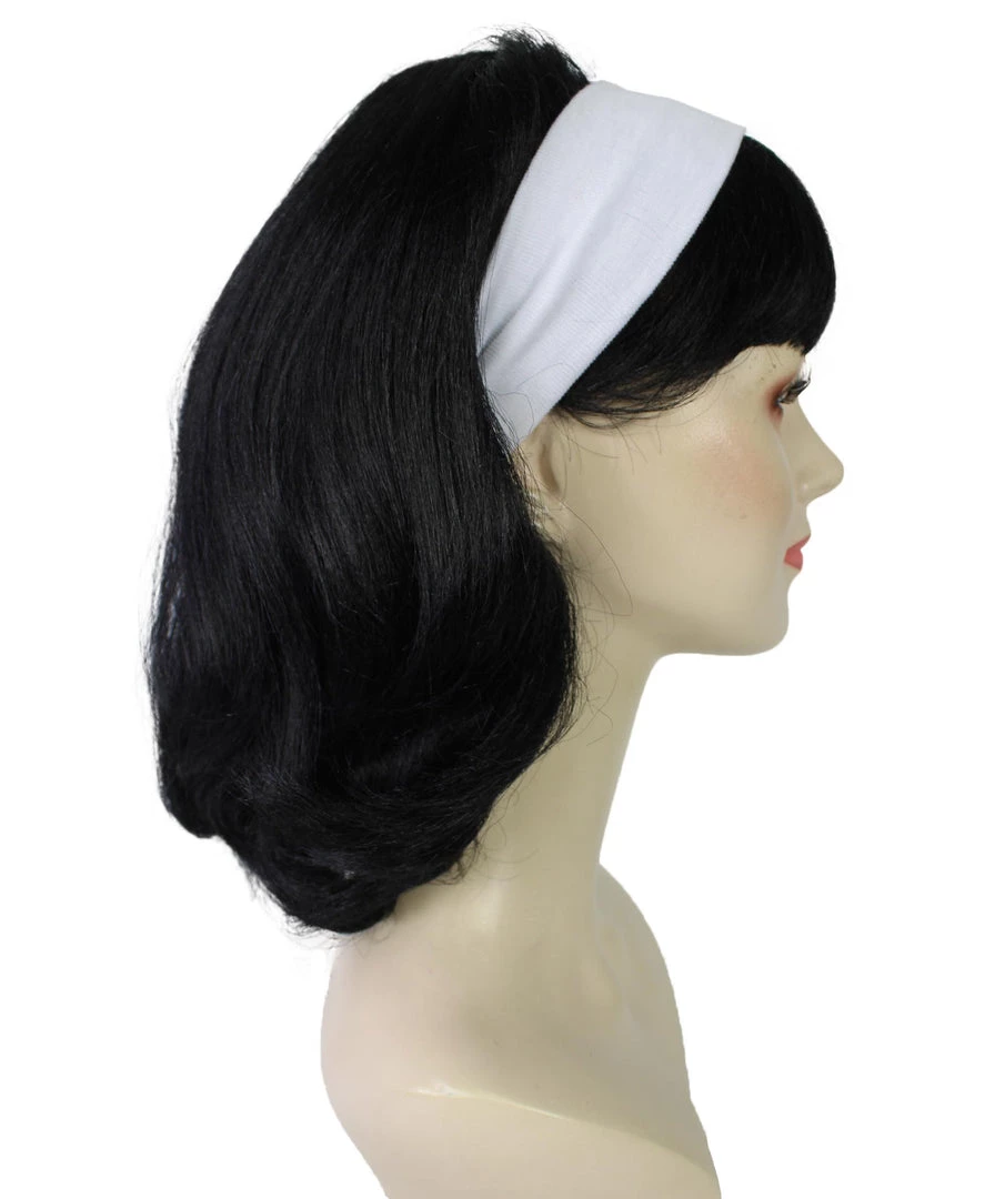 BC 50's Flip | Women's Black Color Straight Shoulder Length 50's Flip Wig With White Headband | 5 BC 50's Flip | Women's Black Color Straight Shoulder Length 50's Flip Wig With White Headband |