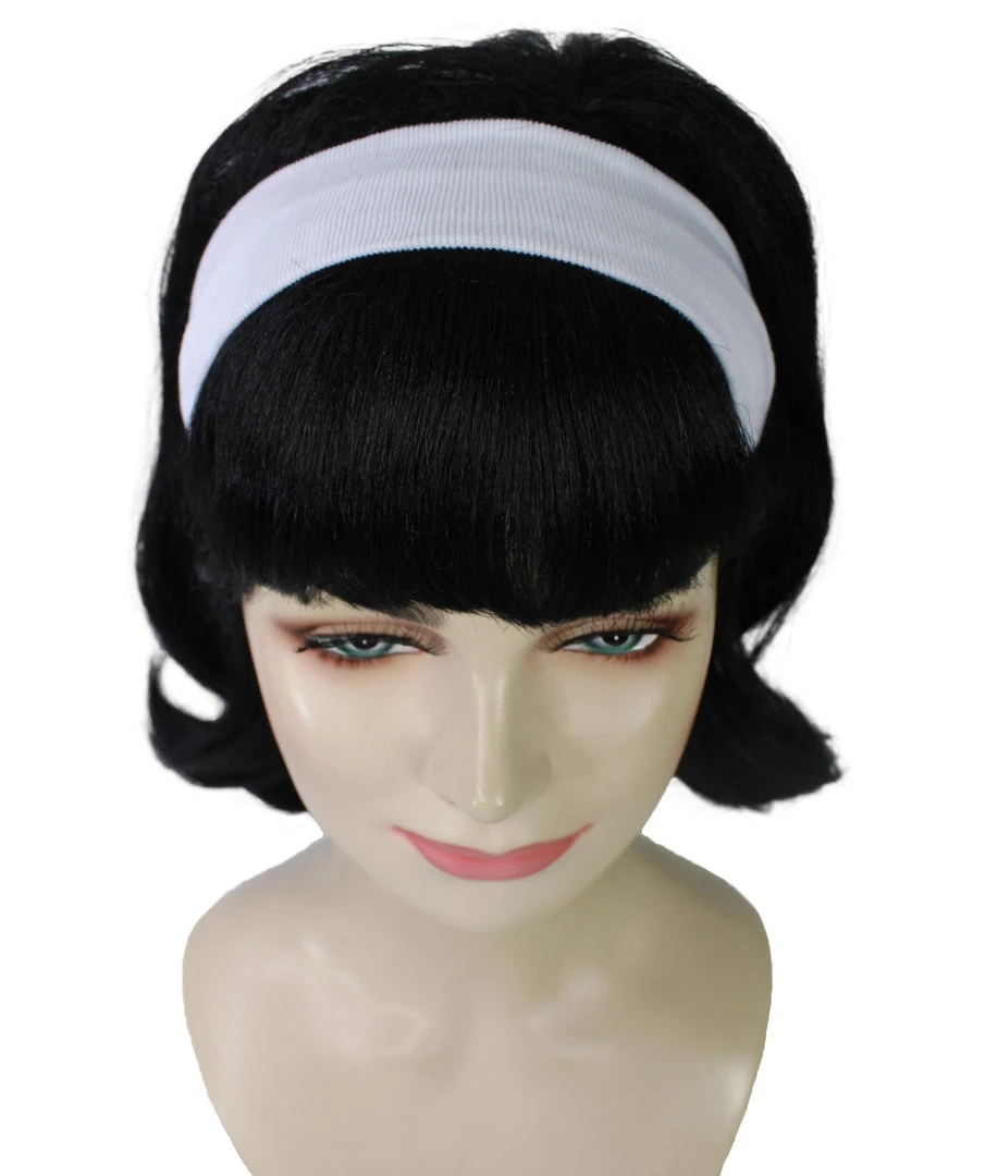 BC 50's Flip | Women's Black Color Straight Shoulder Length 50's Flip Wig With White Headband | 7 BC 50's Flip | Women's Black Color Straight Shoulder Length 50's Flip Wig With White Headband |