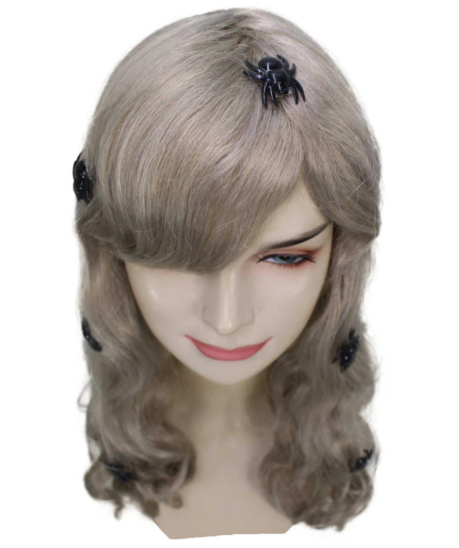HPO Spider Web Wig | Women's Shoulder Length Witches Spider Web Wig - Long Wavy Grey Hair - With Scary Black Spiders 7 HPO Spider Web Wig | Women's Shoulder Length Witches Spider Web Wig - Long Wavy Grey Hair - With Scary Black Spiders