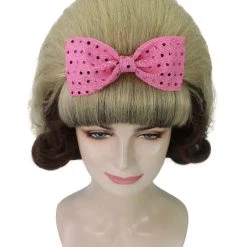 Adult Women's 15" Inch Medium Length Halloween Cosplay Flirting With The 50's Bouffant Updo Costume Wig, Synthetic Soft Fiber Hair With Pink Bow, | HPO 15 Adult Women's 15