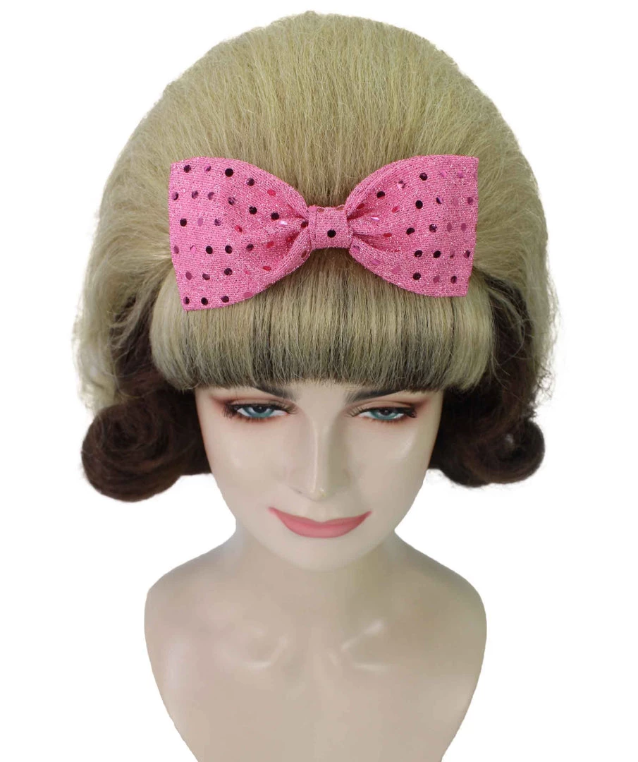 Adult Women's 15" Inch Medium Length Halloween Cosplay Flirting With The 50's Bouffant Updo Costume Wig, Synthetic Soft Fiber Hair With Pink Bow, | HPO 7 Adult Women's 15" Inch Medium Length Halloween Cosplay Flirting With The 50's Bouffant Updo Costume Wig, Synthetic Soft Fiber Hair With Pink Bow, | HPO