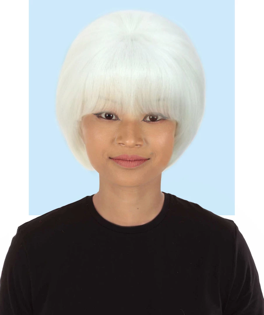 Adult Women's Short And Groovy 60's Beehive Wig, 10" Inches Pure White Updo With Bangs Hair | HPO 1 Adult Women's Short And Groovy 60's Beehive Wig, 10" Inches Pure White Updo With Bangs Hair | HPO
