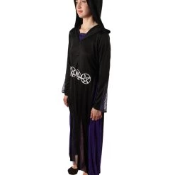 HPO Adult Women’s Hooded Purple & Black Witch Costume With Metal Pentagram Belt