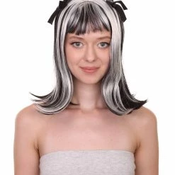 HalloweenPartyOnline Men's Womens Ghostly Zombie Wig With Ribbons | Two Tones Black And Grey Scary Wigs | Premium Breathable Capless Cap
