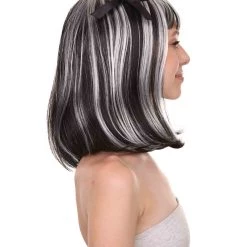 HalloweenPartyOnline Men's Womens Ghostly Zombie Wig With Ribbons | Two Tones Black And Grey Scary Wigs | Premium Breathable Capless Cap