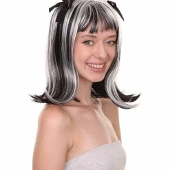 HalloweenPartyOnline Men's Womens Ghostly Zombie Wig With Ribbons | Two Tones Black And Grey Scary Wigs | Premium Breathable Capless Cap