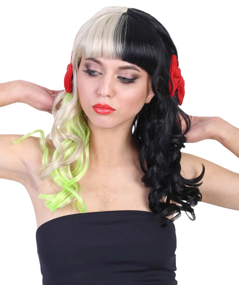 HPO Singer Womens Long Curly Wig | W/ Small Red Bows, Black, Green, & Blonde Celebrity Wig | Premium Breathable Capless Cap Men's 7 HPO Singer Womens Long Curly Wig | W/ Small Red Bows, Black, Green, & Blonde Celebrity Wig | Premium Breathable Capless Cap Men's