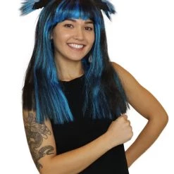 HPO Bat Black And Blue Wig | Medium Bob Cosplay Halloween Wig | Premium Breathable Capless Cap Women's