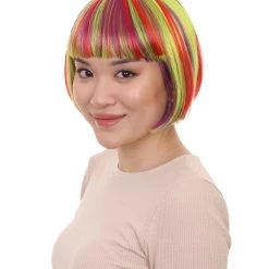 HPO Womens Rainbow Bob Wig | Colorful Party Ready Fancy Cosplay Halloween Wig | Premium Breathable Capless Cap Women's