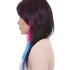 HPO Hard Rockin Witch Tri-Color Womens Wig | Gothic Blue Purple Fancy Halloween Wig | Premium Breathable Capless Cap Women's