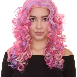 HPO Pink Mixed Party Girl Curly Womens Wig | Long Curly Fancy Cosplay Halloween Wig | Premium Breathable Capless Cap