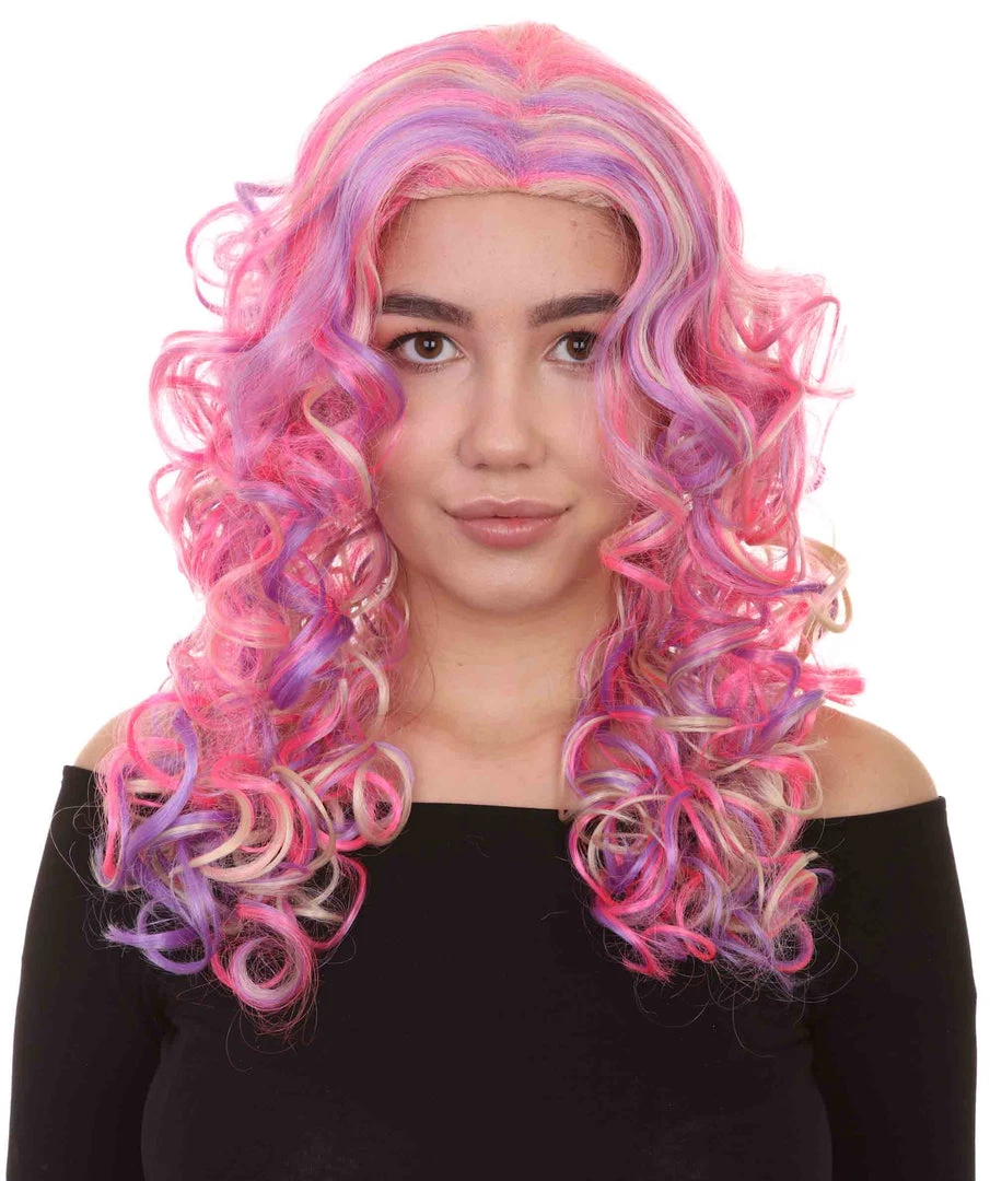 HPO Pink Mixed Party Girl Curly Womens Wig | Long Curly Fancy Cosplay Halloween Wig | Premium Breathable Capless Cap 1 HPO Pink Mixed Party Girl Curly Womens Wig | Long Curly Fancy Cosplay Halloween Wig | Premium Breathable Capless Cap