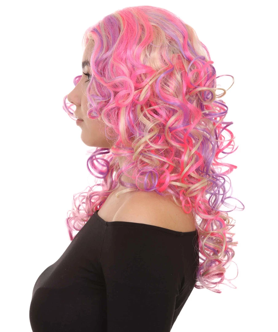 HPO Pink Mixed Party Girl Curly Womens Wig | Long Curly Fancy Cosplay Halloween Wig | Premium Breathable Capless Cap 3 HPO Pink Mixed Party Girl Curly Womens Wig | Long Curly Fancy Cosplay Halloween Wig | Premium Breathable Capless Cap