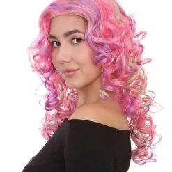 HPO Pink Mixed Party Girl Curly Womens Wig | Long Curly Fancy Cosplay Halloween Wig | Premium Breathable Capless Cap