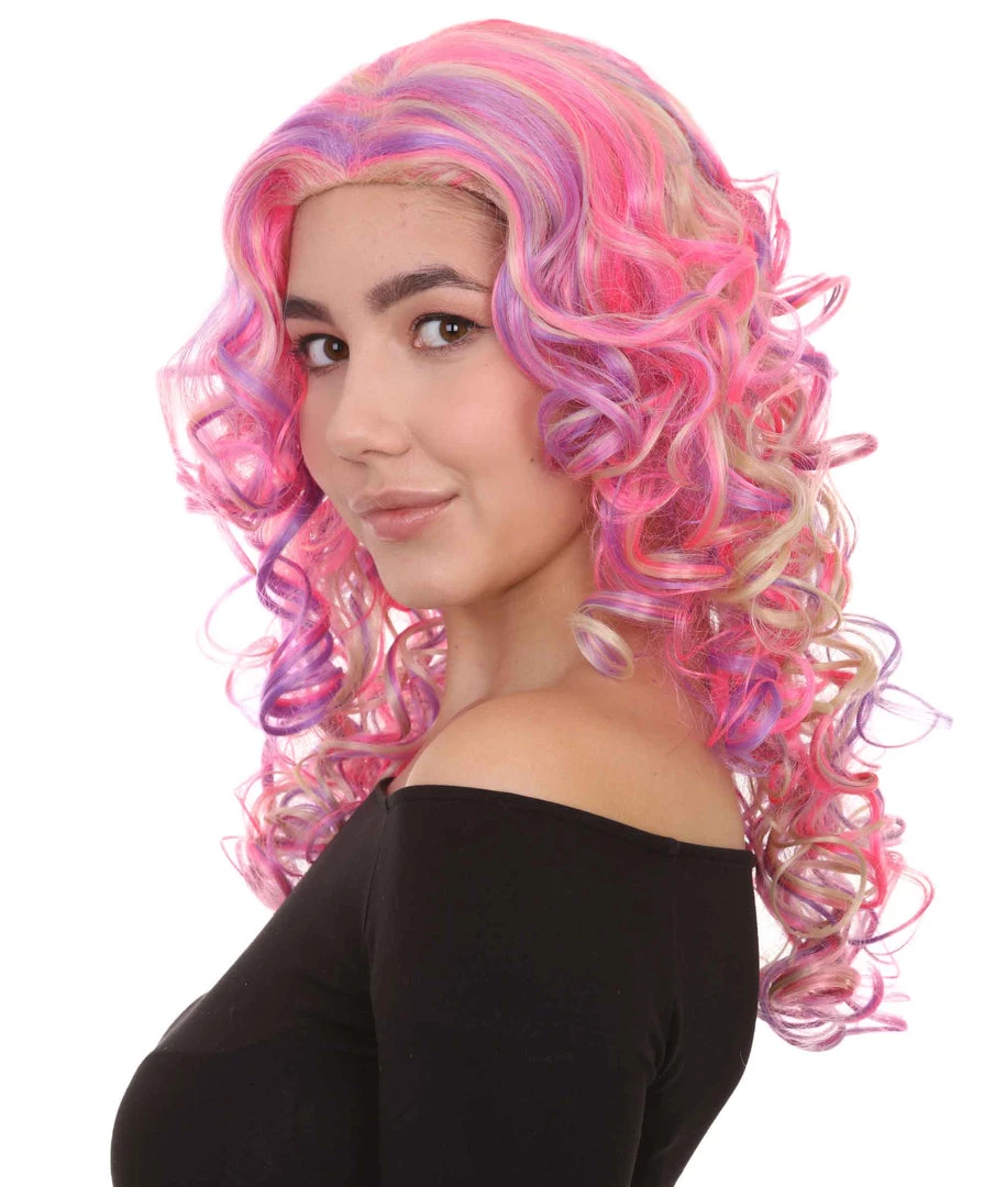 HPO Pink Mixed Party Girl Curly Womens Wig | Long Curly Fancy Cosplay Halloween Wig | Premium Breathable Capless Cap 2 HPO Pink Mixed Party Girl Curly Womens Wig | Long Curly Fancy Cosplay Halloween Wig | Premium Breathable Capless Cap