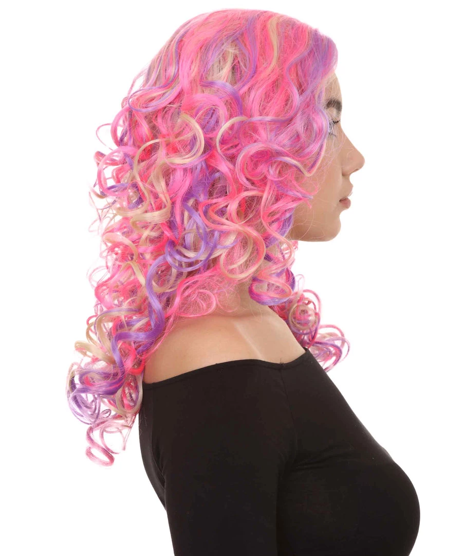HPO Pink Mixed Party Girl Curly Womens Wig | Long Curly Fancy Cosplay Halloween Wig | Premium Breathable Capless Cap 5 HPO Pink Mixed Party Girl Curly Womens Wig | Long Curly Fancy Cosplay Halloween Wig | Premium Breathable Capless Cap