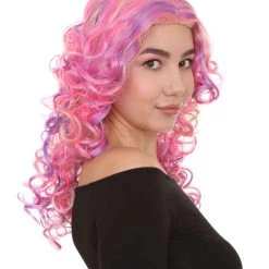 HPO Pink Mixed Party Girl Curly Womens Wig | Long Curly Fancy Cosplay Halloween Wig | Premium Breathable Capless Cap 14 HPO Pink Mixed Party Girl Curly Womens Wig | Long Curly Fancy Cosplay Halloween Wig | Premium Breathable Capless Cap