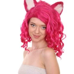 Adult Women's 16" Inch Medium Length Wavy Barbie Costume Wig, Synthetic Soft Fiber Hair With Cat Ears | HPO