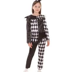 HPO Child's Creepy Jester Girl Horror Costume | Black And White Halloween Costume Kids
