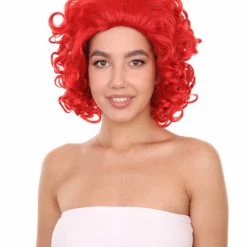 Adult Women's 15" Inch Medium Length Curly Halloween Cosplay Queen Of Drag Fierce Red Ruby Color Costume Wig, Synthetic Soft Fiber Hair | HPO