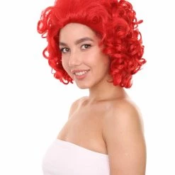 Adult Women's 15" Inch Medium Length Curly Halloween Cosplay Queen Of Drag Fierce Red Ruby Color Costume Wig, Synthetic Soft Fiber Hair | HPO