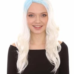 HPO Womens Long Wavy Two-tone Wig | Blue & White Colorful Wigs | Premium Breathable Capless Cap
