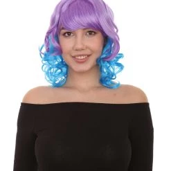 HPO Short Length Curly Party Blue & Purple Womens Wig | Stage Event Party Ready Colorful Wig | Premium Breathable Capless Cap