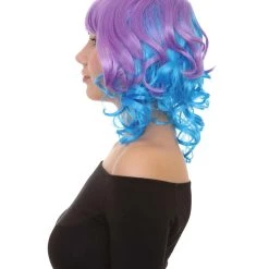 HPO Short Length Curly Party Blue & Purple Womens Wig | Stage Event Party Ready Colorful Wig | Premium Breathable Capless Cap