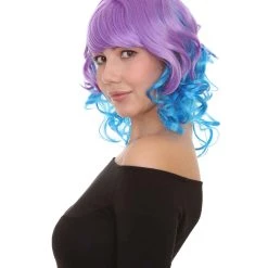 HPO Short Length Curly Party Blue & Purple Womens Wig | Stage Event Party Ready Colorful Wig | Premium Breathable Capless Cap