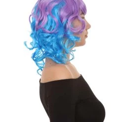 HPO Short Length Curly Party Blue & Purple Womens Wig | Stage Event Party Ready Colorful Wig | Premium Breathable Capless Cap