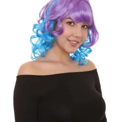 HPO Short Length Curly Party Blue & Purple Womens Wig | Stage Event Party Ready Colorful Wig | Premium Breathable Capless Cap
