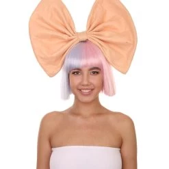 Adult Women's 9" Inch Short Length Halloween Two Tone Group Singer Wig With Bow, Synthetic Soft Fiber Hair, Perfect For Your Next Festival Convention And Group Bachelorette Party! | HPO