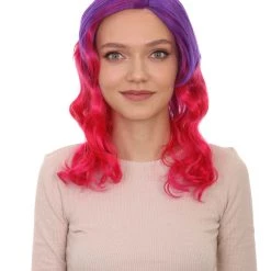 HPO Women's Long Wavy Two-tone Wig | Purple & Pink Colorful Wigs | Premium Breathable Capless Cap