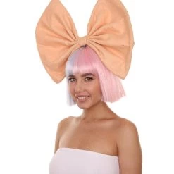 Adult Women's 9" Inch Short Length Halloween Two Tone Group Singer Wig With Bow, Synthetic Soft Fiber Hair, Perfect For Your Next Festival Convention And Group Bachelorette Party! | HPO
