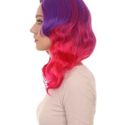 HPO Women's Long Wavy Two-tone Wig | Purple & Pink Colorful Wigs | Premium Breathable Capless Cap