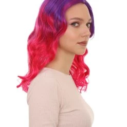 HPO Women's Long Wavy Two-tone Wig | Purple & Pink Colorful Wigs | Premium Breathable Capless Cap