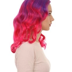 HPO Women's Long Wavy Two-tone Wig | Purple & Pink Colorful Wigs | Premium Breathable Capless Cap
