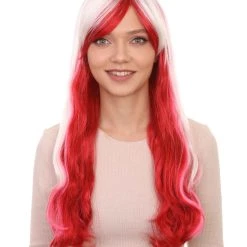 HPO Womens Fashion Lady Cosplay Long Curly Wavy Wig | White & Red Party Wigs | Premium Breathable Capless Cap