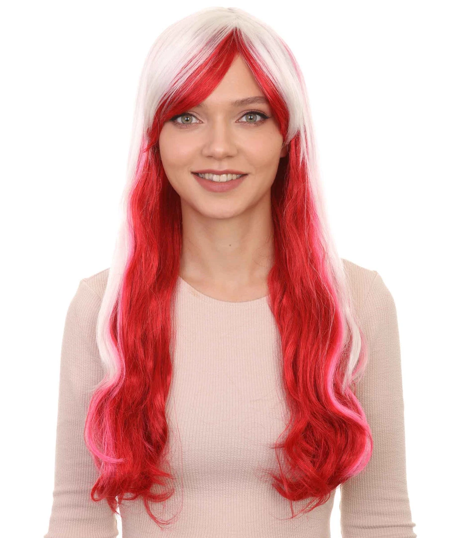 HPO Womens Fashion Lady Cosplay Long Curly Wavy Wig | White & Red Party Wigs | Premium Breathable Capless Cap 1 HPO Womens Fashion Lady Cosplay Long Curly Wavy Wig | White & Red Party Wigs | Premium Breathable Capless Cap