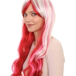 HPO Womens Fashion Lady Cosplay Long Curly Wavy Wig | White & Red Party Wigs | Premium Breathable Capless Cap
