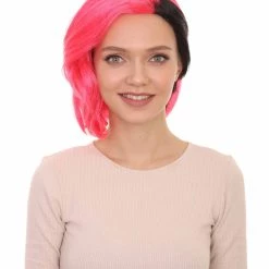 HPO Womens 80s Rave Punk Wig | Pink And Black Rock & Disco Wigs | Premium Breathable Capless Cap