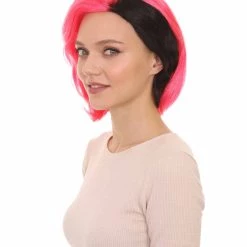 HPO Womens 80s Rave Punk Wig | Pink And Black Rock & Disco Wigs | Premium Breathable Capless Cap